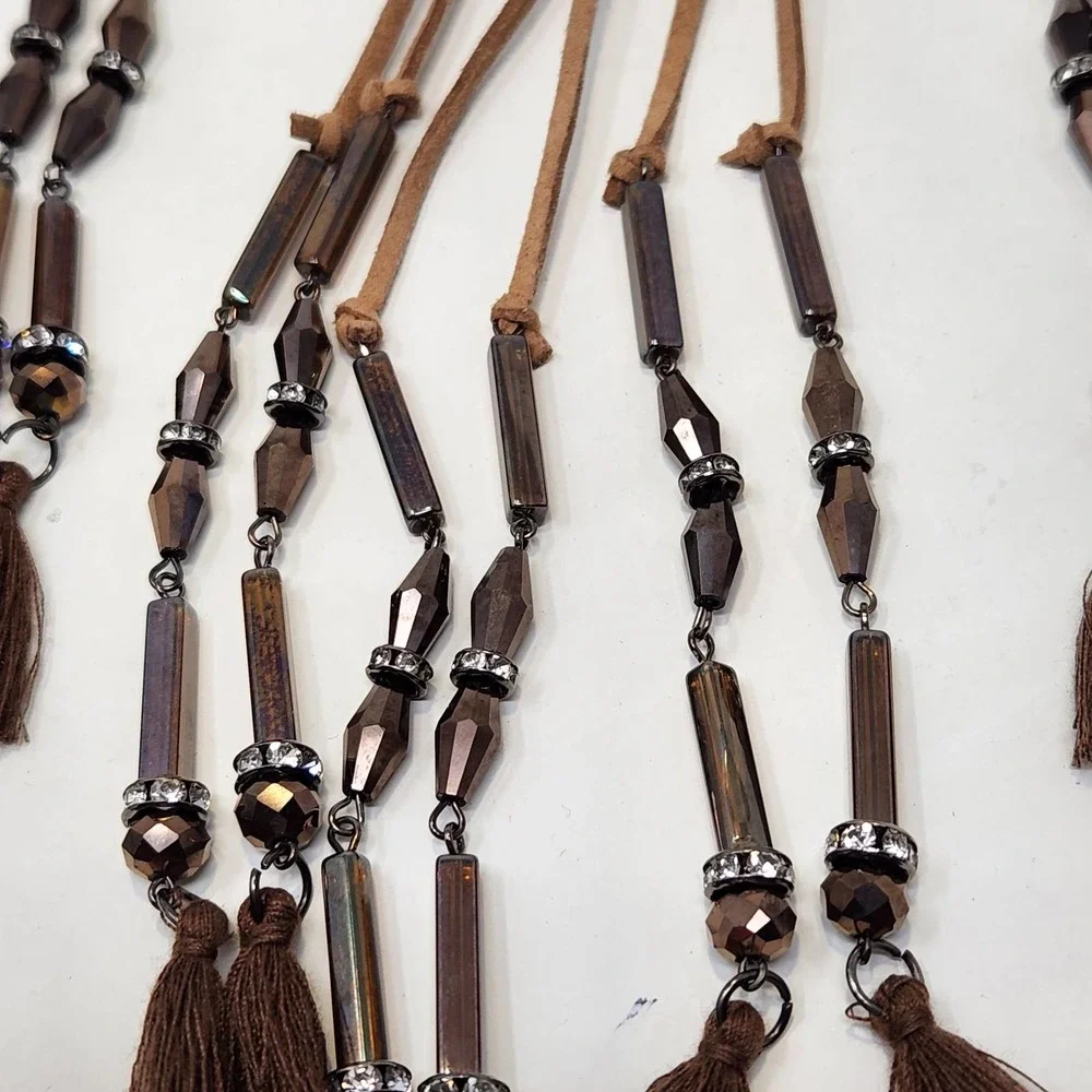 Saachi Brown Leather Fringed Tassel Necklace Collar Brown Glass Beads Boho